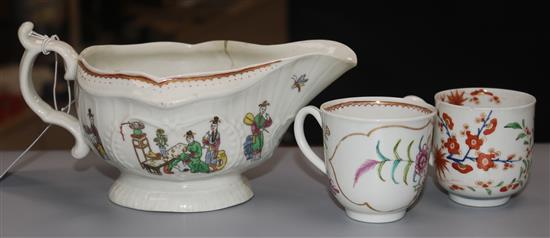 A group of Worcester polychrome wares, comprising a sauceboat with a Kempthrone cup and another cup